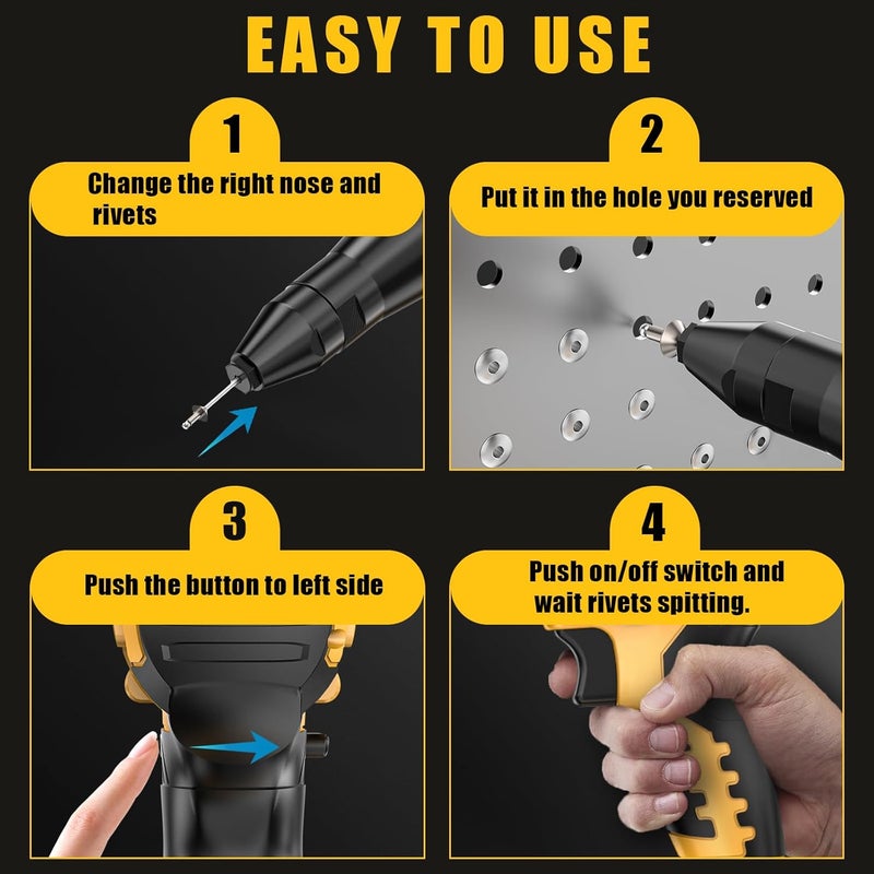 Cerycose Cordless Rivet Gun Compatible with DeWalt 20V Battery,Brushless Electric Rivet Nut Tool with 3 Sizes Steel Rivets(1/8",5/32",3/16") & Nose Pieces, Professional Riveters Gun 20V(Tool Only) - Image 5